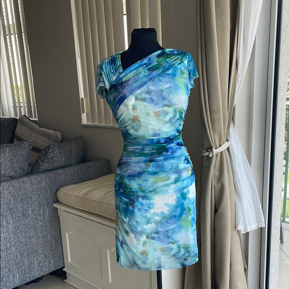 Blue Watercolor Ruched Sheath Dress